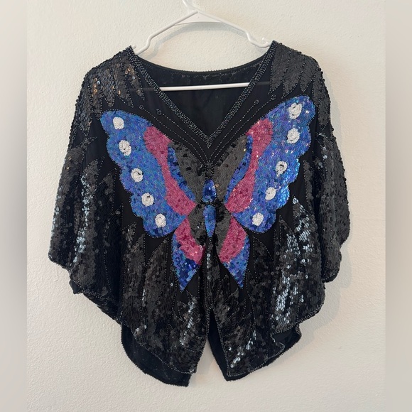 Vintage Butterfly Sequin Beaded Top Batwing Disco Club Party NO SIZE - Picture 1 of 7